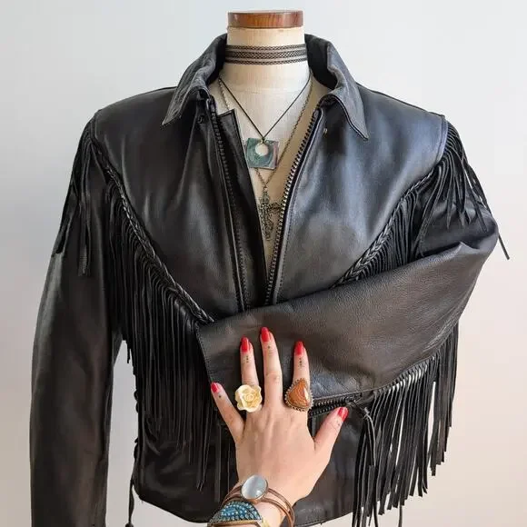 Vintage Black Leather Biker Jacket Fringe Sexy Moto Cowgirl Western Coat Small - Picture 8 of 12